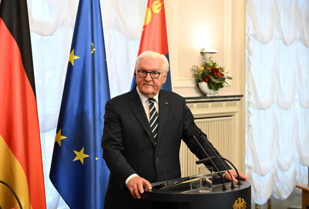 German President Steinmeier meets Mongolian President Khurelsukh in Berlin BERLIN, GERMANY - OCTOBER 20: German President Frank-Walter Steinmeier and Mongolian President Ukhnaagiin Khurelsukh (not seen) hold a joint press conference following their meeting at Villa Borsig in Berlin, Germany, on October 20, 2026. The talks focus on bilateral relations between the two countries, which established a strategic partnership in 2024. Volodymyr Sindieiev Anadolu Berlin Germany. Editorial use only. Please get in touch for any other usage.  Copyright: x2026xAnadoluxVolodymyrxSindieievx
