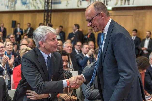 Invest in Germany Summit in Berlin: German Chancellor Friedrich Merz (CDU) and Steffen Bilger (CDU), Federal Minister of Transportation, speak at the Invest in Germany Summit on October 20, 2026 in Berlin. Federal Chancellor Friedrich Merz (CDU) and Steffen Bilger, Federal Minister of Transport, speak at the Invest in Germany Summit on October 20, 2026, in B