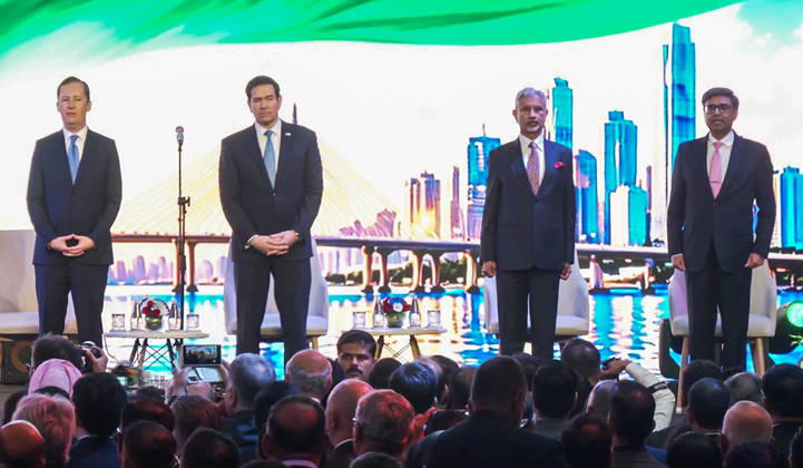 RECORD DATE NOT STATED Freedom 250 reception Mumbai, Oct 20 (ANI): (L-R) U.S. Ambassador to India Sergio Gor, US Secretary of State Marco Rubio, External Affairs Minister S. Jaishankar and Foreign Secretary Vikram Misri at the Freedom 250 reception, in Mumbai on Tuesday. (ANI Video Grab) Mumbai Maharashtra India Copyright: xANIx ANI_20261020402