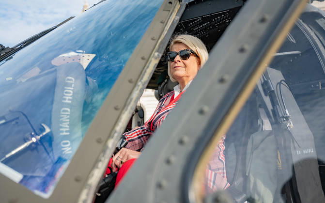 October 20, 2026 Press conference on the Austrian Armed Forces information and demonstration event on National Day 2026. The photo shows ÖVP Federal Minister of Defense Klaudia Tanner in an S70 Black Hawk helicopter at Heldenplatz in Vienna, Austria.