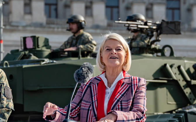 October 20, 2026 Press conference on the Austrian Armed Forces information and demonstration event on National Day 2026. The photo shows ÖVP Federal Minister of Defense Klaudia Tanner in Vienna at Heldenplatz, Vienna, Austria