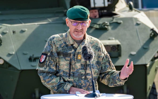 October 20, 2026 Press conference on the Austrian Armed Forces information and demonstration event on National Day 2026. The photo shows the Military Commander of Vienna, Brigadier Christian Habersatter, at Heldenplatz in Vienna, Austria.