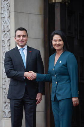 Keiko Fujimori - Daniel Noboa meeting in Peru LIMA, PERU - OCTOBER 20: Peruvian President Keiko Fujimori welcomes Ecuadorian President Daniel Noboa at the Government Palace in Lima, Peru on October 20, 2026. The leaders gathered for the 17th Binational Cabinet meeting between Peru and Ecuador. Jorge Cerdan Anadolu Lima Peru. Editorial use only. Please get in touch for any other usage.  Copyright: x2026xAnadoluxJorgexCerdanx
