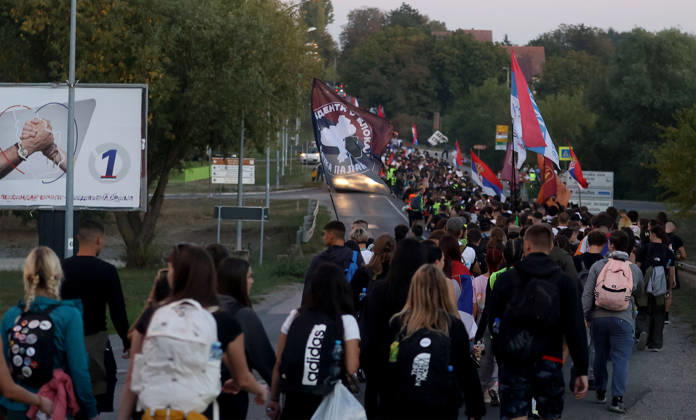20.10.2026 Indjija(Serbia) Politics Life Pre election campaign, student list nr.3 students winning. During their walk from Novi Sad to Belgrade.