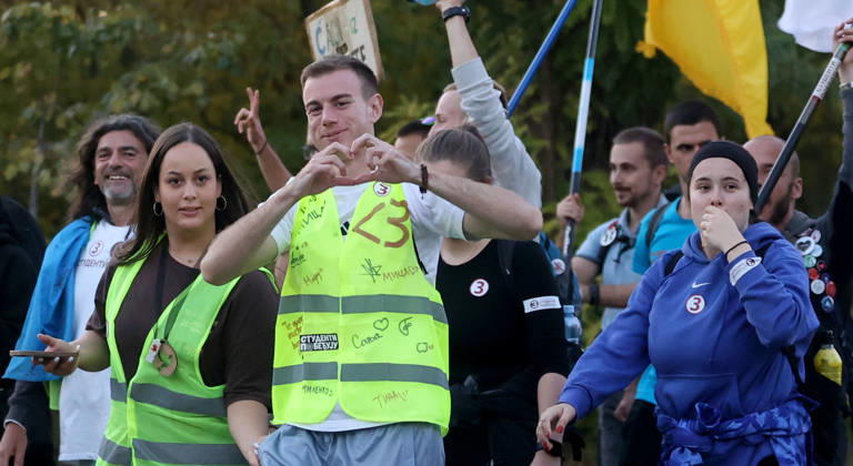 20.10.2026 Indjija(Serbia) Politics Life Pre election campaign, student list nr.3 students winning. During their walk from Novi Sad to Belgrade.