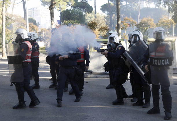 Protesters Clash with Police During a Demonstration in Tirana, Albania. Albanian riot police officers fires a tear gas projectile against protesters during during an anti-government demonstration in central Tirana on October 17, 2026, as protests continued for a fifth consecutive day over university conditions and demands for the resignation of Albanian Prime Minister Edi Rama. The latest rally follows four nights of violence in the capital, during which protesters and riot police clashed, police used water cannons and tear gas, and demonstrators damaged government offices and shops and set fire to several buildings. Light Studio Agency Malton Dibra Tirana Albania Copyright: xLightxStudioxAgencyx xMaltonxDibrax