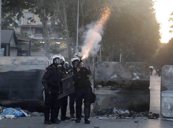 Protesters Clash with Police During a Demonstration in Tirana, Albania. Albanian riot police officers fires a tear gas projectile against protesters during during an anti-government demonstration in central Tirana on October 17, 2026, as protests continued for a fifth consecutive day over university conditions and demands for the resignation of Albanian Prime Minister Edi Rama. The latest rally follows four nights of violence in the capital, during which protesters and riot police clashed, police used water cannons and tear gas, and demonstrators damaged government offices and shops and set fire to several buildings. Light Studio Agency Malton Dibra Tirana Albania Copyright: xLightxStudioxAgencyx xMaltonxDibrax