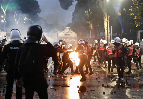 Protesters Clash with Police During a Demonstration in Tirana, Albania. An Albanian police officer is set on fire after he was hit with a Molotov cocktail during an anti-government demonstration in central Tirana on October 17, 2026, as protests continued for a fifth consecutive day over university conditions and demands for the resignation of Albanian Prime Minister Edi Rama. The latest rally follows four nights of violence in the capital, during which protesters and riot police clashed, police used water cannons and tear gas, and demonstrators damaged government offices and shops and set fire to several buildings. Light Studio Agency Malton Dibra Tirana Albania Copyright: xLightxStudioxAgencyx xMaltonxDibrax