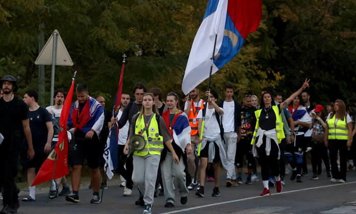 20.10.2026 Indjija(Serbia) Politics Life Pre election campaign, student list nr.3 students winning. During their walk from Novi Sad to Belgrade.