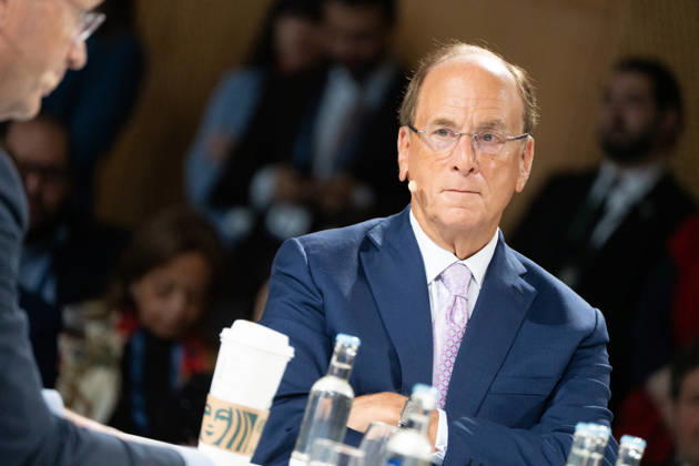 Larry Fink (Laurence Douglas Fink), CEO of BlackRock, speaks at the Berlin Global Dialogue in the former State Council building of the GDR, in conversation with Ola Källenius, CEO of Mercedes-Benz Group AG (on the left in the photo). Berlin Global Dialogue 2026 (BGD 2026), theme: Advancing Alliances for a New Era, Berlin, Berlin, Germany, ESMT