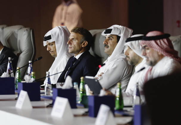 President Macron At The Opswf Summit During His Visit To Qatar Qatar s Emir Sheikh Tamim bin Hamad Al Thani, Qatari Prime Minister Sheikh Mohammed bin Abdulrahman Al Thani and French President Emmanuel Macron attend the 9th Annual One Planet Sovereign Wealth Funds (OPSWF) Summit at the Rosewood Hotel in Lusail, Qatar, October 21, 2026. Photo by Benoit Tessier Pool ABACAPRESS.COM Lusail Qatar  Copyright: xTessierxBenoit Pool ABACAx