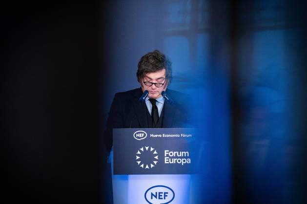 October 21, 2026, Madrid, Madrid, SPAIN: The President of Argentina, JAVIER MILEI, attends the Forum Europa in Madrid, during his political tour of Europe, where he once again publicly attacked Spanish Prime Minister Pedro Sanchez and left-wing policies. Madrid SPAIN - ZUMAc270 20261021_zip_c270_009 Copyright: xDavidxCruzxSanzx
