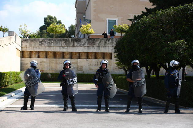 October 21, 2026, Athens, Attica, GREECE: Riot police officers stand guard near the education protest in central Athens. Athens GREECE - ZUMAx103 20261021_zip_x103_032 Copyright: xHarrisxXanthopoulosx