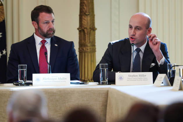 DC: Trump Roundtable on Cybercrime Against Seniors United States Secretary of Homeland Security (DHS) Markwayne Mullin, listens as Stephen Miller, White House Deputy Chief of Staff for Policy and US Homeland Security Advisor, speaks during a roundtable discussion on cybercrime in the East Room of the White House on October 21, 2026 in Washington, D.C. The administration is fighting back against foreign-based organized criminal organizations that exploit Americans in cyberspace and their scam centers and fraud schemes. Credit: CNP AdMedia EDITORIAL USE ONLY  Copyright: xx AdMediax admphotosthree021223