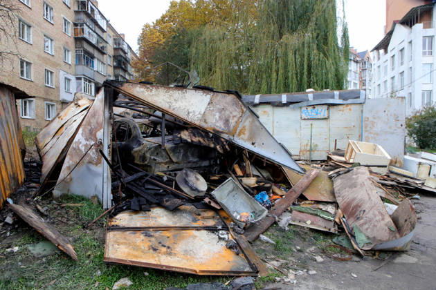 A burnt-out car is in a garage destroyed by a Russian drone attack, Petropavlivska Borshchahivka, Kyiv region, Ukraine, October 21, 2026. (Photo by Volodymyr Tarasov Ukrinform) Consequences of Russian drone attack in Kyiv region  Copyright: xVolodymyrxTarasovx