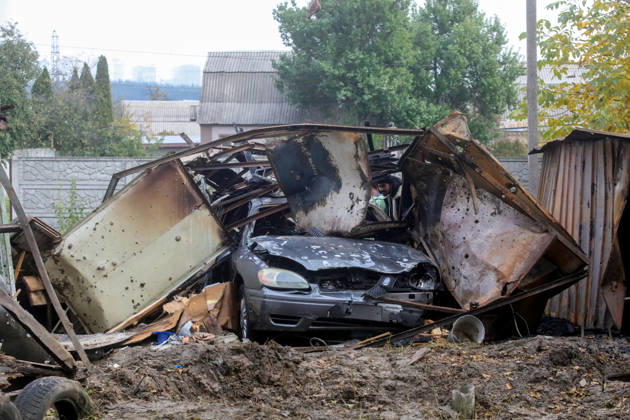A burnt-out car is in a garage destroyed by a Russian drone attack, Petropavlivska Borshchahivka, Kyiv region, Ukraine, October 21, 2026. (Photo by Volodymyr Tarasov Ukrinform) Consequences of Russian drone attack in Kyiv region  Copyright: xVolodymyrxTarasovx