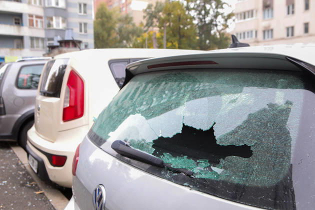 The rear window of a car is damaged by a Russian drone strike on an apartment block in the Sviatoshynskyi district, Kyiv, Ukraine, October 21, 2026. The drone hit the building’s 20th floor, sparking a fire. Two people were killed in the attack. (Photo by Volodymyr Tarasov Ukrinform) Russian drone hits 24-storey apartment block in Kyiv  Copyright: xVolodymyrxTarasovx