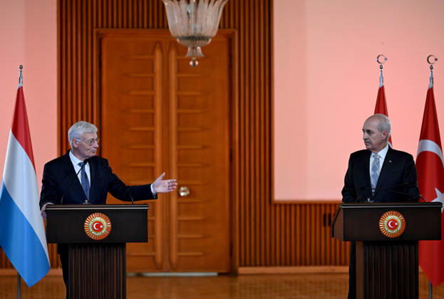 Turkish Parliament Speaker Numan Kurtulmus meets Luxembourg counterpart Claude Wiseler in Ankara ANKARA, TURKIYE - OCTOBER 22: Speaker of the Turkish Grand National Assembly (TBMM) Numan Kurtulmus (R) and President of Luxembourg s Chamber of Deputies Claude Wiseler (L) hold a joint press conference at the Turkish parliament s ceremonial hall following their meeting in Ankara, Turkiye, on October 22, 2026. Rasit Aydogan Anadolu Ankara Turkey. Editorial use only. Please get in touch for any other usage.  Copyright: x2026xAnadoluxRasitxAydoganx