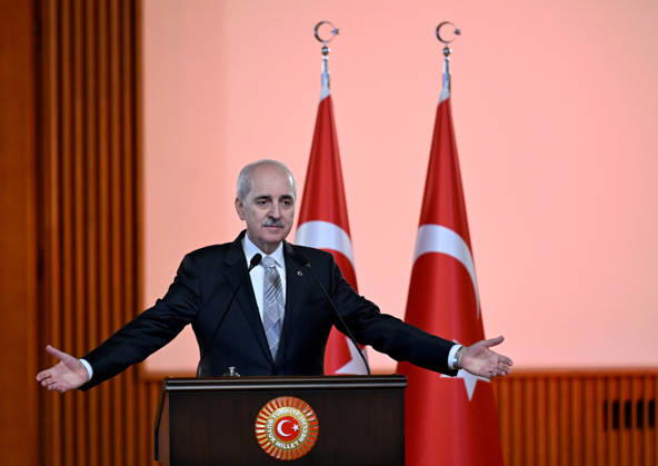 Turkish Parliament Speaker Numan Kurtulmus meets Luxembourg counterpart Claude Wiseler in Ankara ANKARA, TURKIYE - OCTOBER 22: Speaker of the Turkish Grand National Assembly (TBMM) Numan Kurtulmus (pictured) speaks during a joint press conference with President of Luxembourg s Chamber of Deputies Claude Wiseler at the Turkish parliament s ceremonial hall following their meeting in Ankara, Turkiye, on October 22, 2026. Rasit Aydogan Anadolu Ankara Turkey. Editorial use only. Please get in touch for any other usage.  Copyright: x2026xAnadoluxRasitxAydoganx