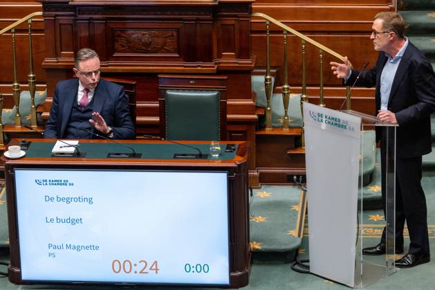Prime Minister Bart De Wever and PS Paul Magnette pictured during a plenary session of the Chamber at the federal parliament in Brussels, Thursday 22 October 2026. NICOLASxMAETERLINCK 190651303