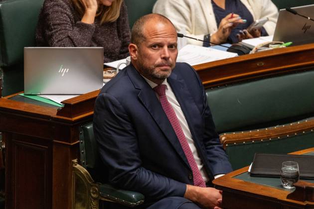 Minister of Defence and Foreign Trade Theo Francken pictured during a plenary session of the Chamber at the federal parliament in Brussels, Thursday 22 October 2026.  NICOLASxMAETERLINCK 190655625
