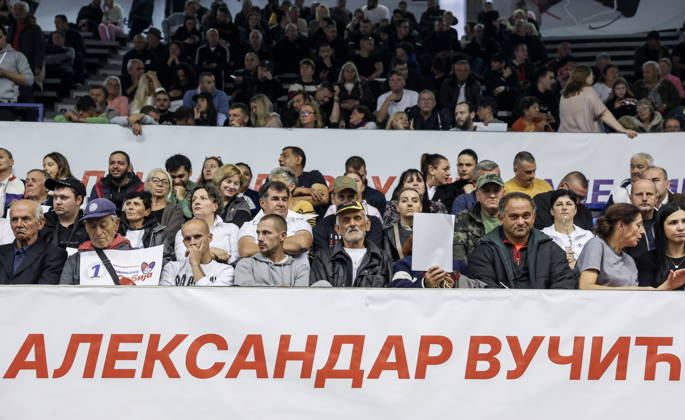 SERBIA, BELGRADE - OCTOBER 22, 2026: People attend a rally at the Ranko Zeravica Sports Hall in support of Serbia s former President Aleksandar Vucic ahead of the 2026 Serbian parliamentary election scheduled for October 25. Vucic will head the list of the ruling Serbian Progressive Party (SNS) and run as its prime ministerial candidate. Alexander Ryumin TASS  99766485