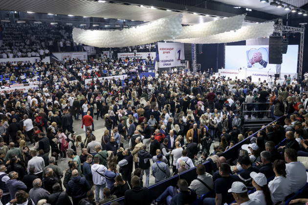 SERBIA, BELGRADE - OCTOBER 22, 2026: People attend a rally at the Ranko Zeravica Sports Hall in support of Serbia s former President Aleksandar Vucic ahead of the 2026 Serbian parliamentary election scheduled for October 25. Vucic will head the list of the ruling Serbian Progressive Party (SNS) and run as its prime ministerial candidate. Alexander Ryumin TASS  99766531