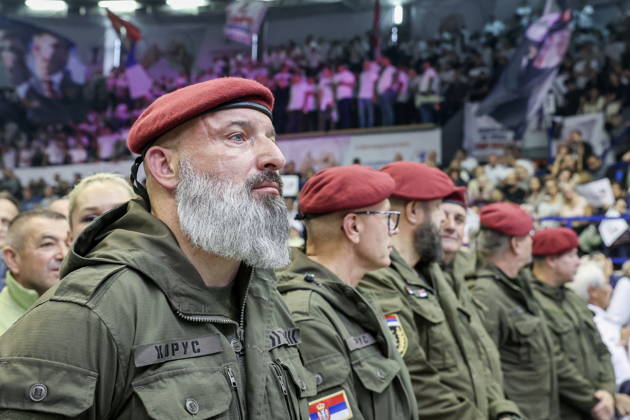 SERBIA, BELGRADE - OCTOBER 22, 2026: Servicemen are seen during a rally at the Ranko Zeravica Sports Hall in support of Serbia s former President Aleksandar Vucic ahead of the 2026 Serbian parliamentary election scheduled for October 25. Vucic will head the list of the ruling Serbian Progressive Party (SNS) and run as its prime ministerial candidate Belgrade Serbia  - ZUMAt113 20261022_zaa_t113_529 Copyright: xAlexanderxRyuminx