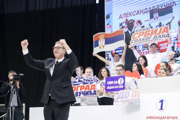 SERBIA, BELGRADE - OCTOBER 22, 2026: Serbia s former President Aleksandar Vucic (L front) attends a rally at the Ranko Zeravica Sports Hall ahead of the 2026 Serbian parliamentary election scheduled for October 25. Vucic will head the list of the ruling Serbian Progressive Party (SNS) and run as its prime ministerial candidate. Alexander Ryumin TASS 99768575