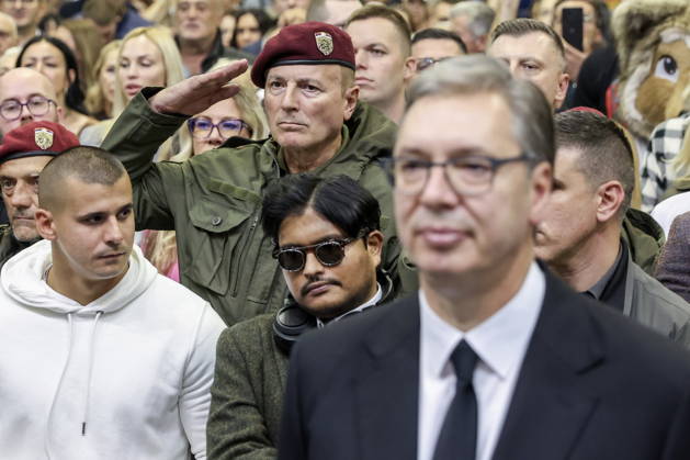 SERBIA, BELGRADE - OCTOBER 22, 2026: Serbia s former President Aleksandar Vucic (R front) attends a rally at the Ranko Zeravica Sports Hall ahead of the 2026 Serbian parliamentary election scheduled for October 25. Vucic will head the list of the ruling Serbian Progressive Party (SNS) and run as its prime ministerial candidate. Alexander Ryumin TASS  99768651
