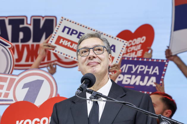 SERBIA, BELGRADE - OCTOBER 22, 2026: Serbia s former President Aleksandar Vucic speaks at a rally at the Ranko Zeravica Sports Hall ahead of the 2026 Serbian parliamentary election scheduled for October 25. Vucic will head the list of the ruling Serbian Progressive Party (SNS) and run as its prime ministerial candidate Belgrade Serbia  - ZUMAt113 20261022_zaa_t113_537 Copyright: xAlexanderxRyuminx