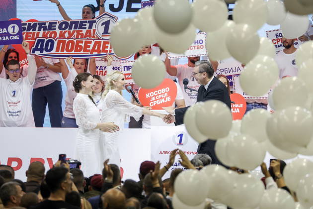 SERBIA, BELGRADE - OCTOBER 22, 2026: Serbia s former President Aleksandar Vucic (R) attends a rally at the Ranko Zeravica Sports Hall ahead of the 2026 Serbian parliamentary election scheduled for October 25. Vucic will head the list of the ruling Serbian Progressive Party (SNS) and run as its prime ministerial candidate Belgrade Serbia  - ZUMAt113 20261022_zaa_t113_540 Copyright: xAlexanderxRyuminx