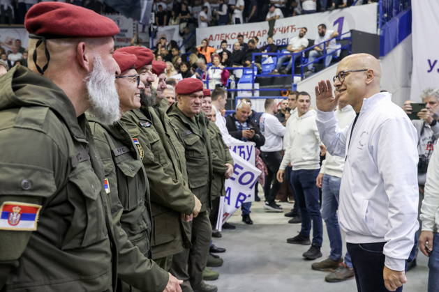 SERBIA, BELGRADE - OCTOBER 22, 2026: Milos Vucevic (R front), Chairman of the Serbian Progressive Party (SNS), attends a rally at the Ranko Zeravica Sports Hall in support of Serbia s former President Aleksandar Vucic ahead of the 2026 Serbian parliamentary election scheduled for October 25. Vucic will head the list of the ruling Serbian Progressive Party (SNS) and run as its prime ministerial candidate. Alexander Ryumin TASS  99766948