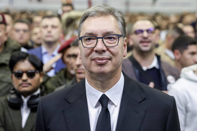 SERBIA, BELGRADE - OCTOBER 22, 2026: Serbia s former President Aleksandar Vucic (C) attends a rally at the Ranko Zeravica Sports Hall ahead of the 2026 Serbian parliamentary election scheduled for October 25. Vucic will head the list of the ruling Serbian Progressive Party (SNS) and run as its prime ministerial candidate. Alexander Ryumin TASS  99769900