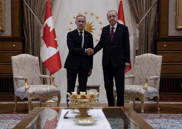 October 22, 2026, Ankara, Turkey: Prime Minister Mark Carney, left, shakes hands with Turkish President Recep Tayyip Erdogan before a meeting at the Bestepe Presidential complex in Ankara, Turkey on Thursday, Oct. 22, 2026. Ankara Turkey  - ZUMAc35_ 20261022_zaf_c35_056 Copyright: xAdrianxWyldx
