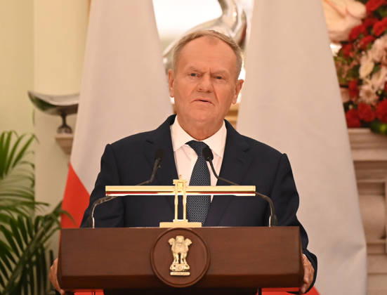 NEW DELHI, INDIA - OCTOBER 22: Prime Minister of Poland Donald Tusk address a joint press statement alongwith Prime Minister Narendra Modi ( not in the picture ) following delegation-level bilateral talks at Hyderabad House on October 22, 2026 in New Delhi, India. The high-level meeting marked Polish Prime Minister Tusk s official visit to India from October 21-23, 2026 his first visit to the country as Prime Minister since 2010 aimed at advancing the India-Poland Strategic Partnership and deepening India-EU strategic ties. During wide-ranging discussions, both leaders reviewed bilateral cooperation across key sectors including trade, technology, defense-industrial collaboration, and energy, while reaffirming joint commitment toward peacefu