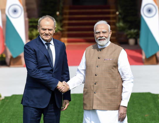 Poland PM Donald Tusk in India New Delhi, Oct 22 (ANI): Prime Minister Narendra Modi shakes hands with his Polish counterpart, Donald Tusk, at Hyderabad House, in New Delhi on Thursday. NEW DELHI Delhi India Copyright: xANIx ANI_20261022038