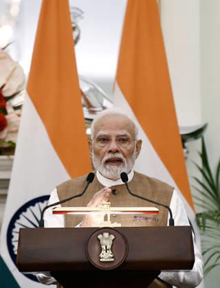 Poland PM Donald Tusk in India New Delhi, Oct 22 (ANI): Prime Minister Narendra Modi speaks during the Joint Press Statement with his Polish counterpart Donald Tusk (unseen) at Hyderabad House, in New Delhi on Thursday. NEW DELHI Delhi India Copyright: xANIx ANI_20261022115