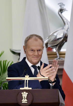 Poland PM Donald Tusk in India New Delhi, Oct 22 (ANI): Polish Prime Minister Donald Tusk speaks during the Joint Press Statement with Prime Minister Narendra Modi (unseen) at Hyderabad House, in New Delhi on Thursday. NEW DELHI Delhi India Copyright: xANIx ANI_20261022117