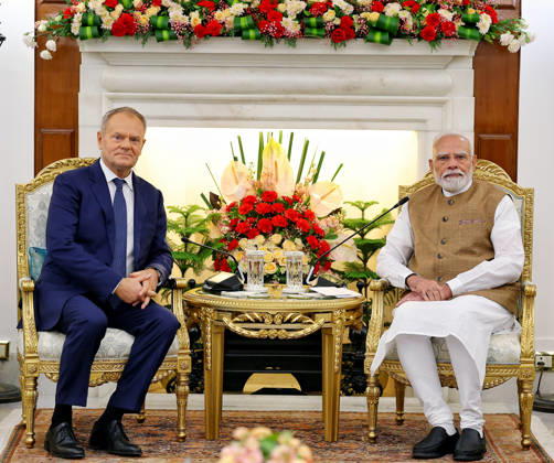 RECORD DATE NOT STATED India-Poland Bilateral Meeting at Hyderabad House New Delhi, Oct 22 (ANI): Prime Minister Narendra Modi and his Polish counterpart, Donald Tusk during a Bilateral Meeting, at Hyderabad House, in New Delhi on Thursday. (Narendra Modi Photo Gallery ANI Photo) New Delhi Delhi India Copyright: xANIx ANI_20261022118