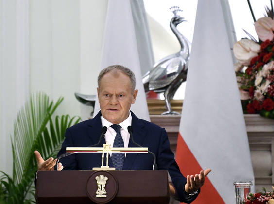 Poland PM Donald Tusk in India New Delhi, Oct 22 (ANI): Polish Prime Minister Donald Tusk speaks during the Joint Press Statement with Prime Minister Narendra Modi (unseen) at Hyderabad House, in New Delhi on Thursday. NEW DELHI Delhi India Copyright: xANIx ANI_20261022120