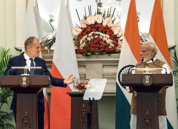 Poland PM Donald Tusk in India New Delhi, Oct 22 (ANI): Prime Minister Narendra Modi and Polish Prime Minister Donald Tusk interact during the Joint Press Statement at Hyderabad House, in New Delhi on Thursday. NEW DELHI Delhi India Copyright: xANIx ANI_20261022124