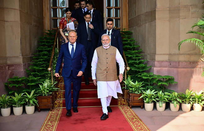 RECORD DATE NOT STATED Poland PM Donald Tusk in India New Delhi, Oct 22 (ANI): Prime Minister Narendra Modi and Polish Prime Minister Donald Tusk at Hyderabad House, in New Delhi on Thursday. (@narendramodi X ANI Photo) New Delhi Delhi India Copyright: xANIx ANI_20261022372