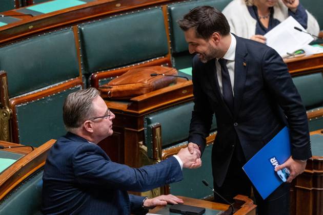 Prime Minister Bart De Wever and MR s Georges-Louis Bouchez pictured during a plenary session of the Chamber at the federal parliament in Brussels, Thursday 22 October 2026.  NICOLASxMAETERLINCK 190672397