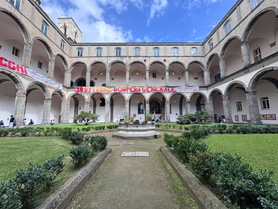 October 22, 2026, Naples, Italy: NAPLES, ITALY OCTOBER 22, 2026: Students of the Collettivo autorganizzato universitario (CAU, the Self-Organised University Collective), together with Ecologia Politica Napoli (Ecopol), are occupying the Porta di Massa site of the University of Naples Federico II, which they took over on October 21. Francesco, a spokesperson for the collective, said: We are occupying our site against high rents, against the cost of living and for a right to study that is truly possible for everyone. A banner at the entrance presents the occupation as a step towards the October 30 general strike. The occupation came as the university announced that, from October 22 and until further notice, ordinary teaching would mov - ZUMAq101 20261022_zna_q101_104 Copyright: xAlessiaxCoccax