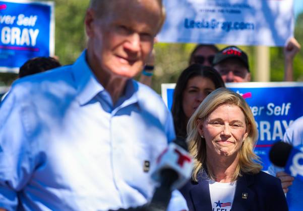 October 22, 2026, Pinellas Park, Florida, USA: Former Sen. Bill Nelson, left, addresses supporters along with Leela Gray, democratic candidate for the U.S. House of Representatives, before Gray drops off her election ballot at the Barbara S. Ponce Public Library, 7770 52nd St N, on Thursday, Oct. 22, 2026 in Pinellas Park. Gray is hoping to unseat GOP Rep. Anna Paulina Luna in Florida™s Congressional District. Pinellas Park USA - ZUMAs70_ 20261022_zan_s70_017 Copyright: xDirkxShaddx