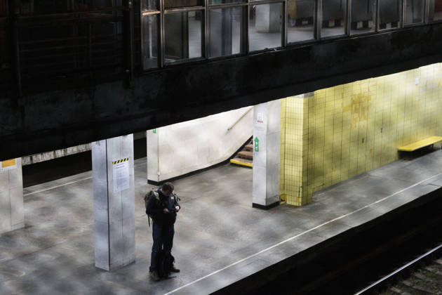 Kyiv Metro Station Partially Reopens After October 19 Russian Attack A man stands on the platform at the Chernihivska metro station, which has partially resumed operations following a Russian attack on October 19, Kyiv, Ukraine, October 22, 2026. The massive strike damaged the station, tracks and the cable network. Photo by Kyrylo Chubotin Ukrinform ABACAPRESS.COM Kyiv Ukraine  Copyright: xChubotinxKirill Ukrinform ABACAx