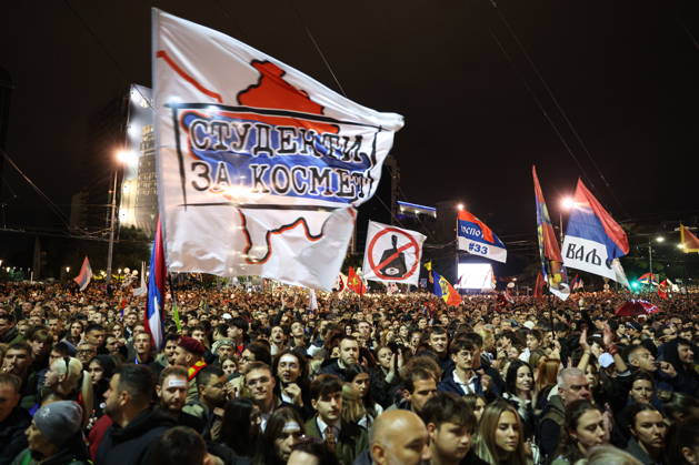 SERBIA, BELGRADE - OCTOBER 22, 2026: Flags fly during a rally held by the Student List movement ahead of the 2026 Serbian parliamentary election scheduled for October 25. Alexander Ryumin TASS  99800643