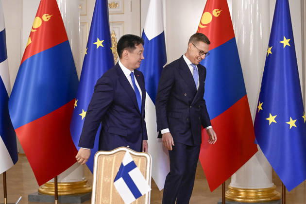 LKS 20261023 Mongolian President Ukhnaa Khurelsukh (left) and Finnish President Alexander Stubb during the visit of the President of Mongolia at the Presidential Palace in Helsinki, Finland on October 23, 2026. - MARKKU ULANDER Helsinki Finland Copyright: xMarkkuxUlanderx _tJuXUHTnQo