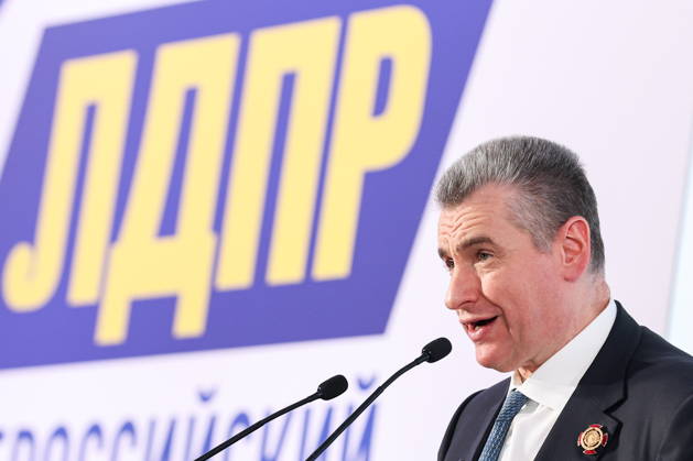 RUSSIA, MOSCOW - OCTOBER 23, 2026: Chairman Leonid Slutsky addresses an All-Russian Convention of the Russian Liberal Democratic Party (LDPR) held to sum up the recent 2026 Russian parliamentary elections and outline the directions in the party s development for years to come. Mikhail Sinitsyn TASS  99805789